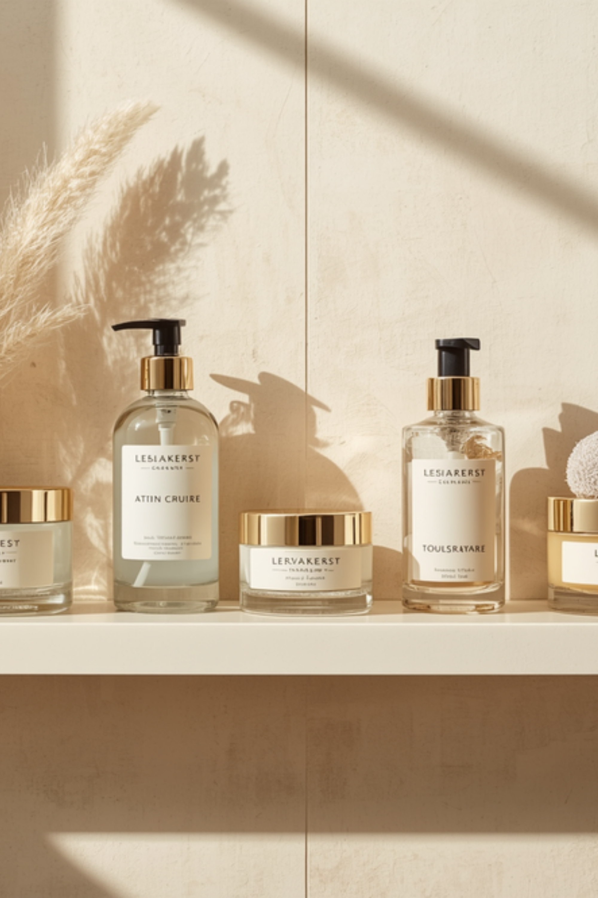 The First Five cover. Bottles arrayed on a cream-walled shelf with pampas grass and warm side-light.